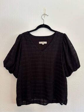 LOFT Black Plaid V-Neck Puff Sleeve Blouse